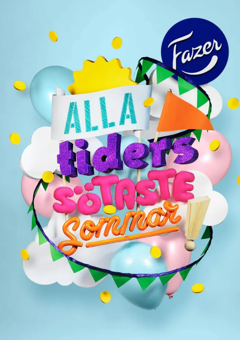 Colorful summer-themed advertisement for Fazer, featuring the Swedish text 'Alla Tiders Sötaste Sommar' (The Sweetest Summer of All Time). The design includes balloons, a bright sun, festive flags, and scattered golden confetti on a light blue background, creating a cheerful and celebratory atmosphere. The Fazer logo is prominently displayed in the top right corner.