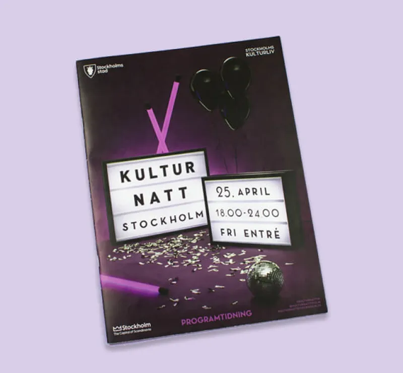 Official program cover for Kulturnatt Stockholm, an annual cultural night event in Stockholm, Sweden. The dark purple-themed design features illuminated marquee signs displaying event details: 'Kulturnatt Stockholm, 25 April, 18:00-24:00, Fri Entré' (Free Entry). The background includes black balloons, a disco ball, confetti, and neon lighting, creating a festive and artistic atmosphere. The logos of Stockholm Stad and Stockholms Kulturliv are visible, emphasizing the city's cultural engagement.