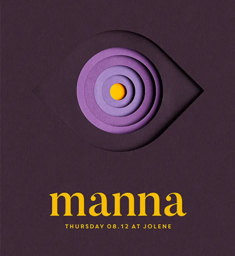 Graphic design featuring layered purple and lavender paper cutouts forming an eye shape with a central yellow circle. Below, the text 'manna' is displayed in bold yellow letters, with the event details 'Thursday 08.12 at Jolene' in smaller text. The design is set against a dark background, creating a striking and modern visual.