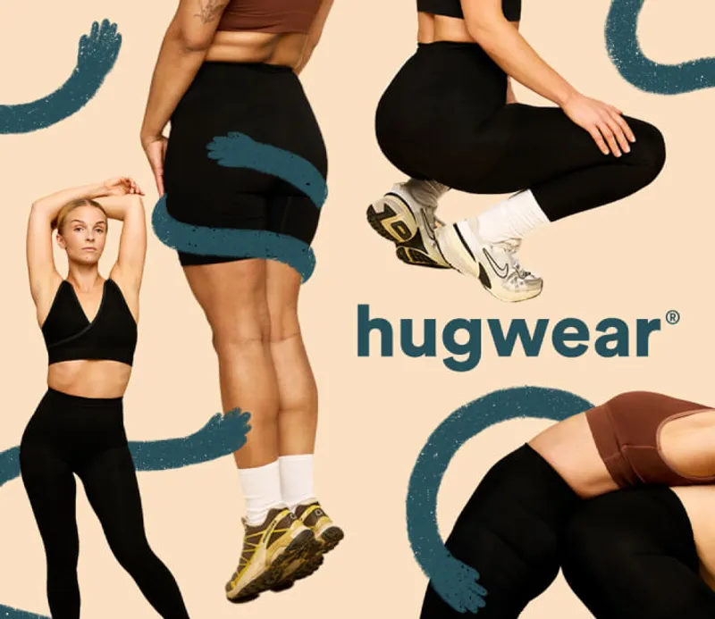 Athletic wear advertisement showing various cropped views of a workout outfit - a black sports bra and leggings. Models are shown stretching and posing, wearing white athletic shoes. Teal artistic swooshes frame the different poses against a neutral background, with the Momkind Hugwear logo.